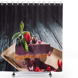 Personality  Close Up View Of Blueberry Cake With Strawberries, Mint And Viola Petals On Plate On Wooden Table  Shower Curtains