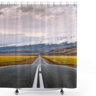 Personality  Inviting Road To The Mountains. Straight Paved Road With White Surface Markings Goes Through The Snow Capped Mountains Of Altai Republic, Russia Just Before The Sunset. Inspirational Travel And Adventure Photography. Shower Curtains