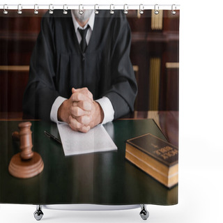 Personality  Partial View Of Judge Sitting With Clenched Hands Near Bible, Gavel And Lawsuit On Desk Shower Curtains