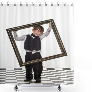 Personality  Freckled Red-hair Little Boy With Big Picture Frame. Shower Curtains