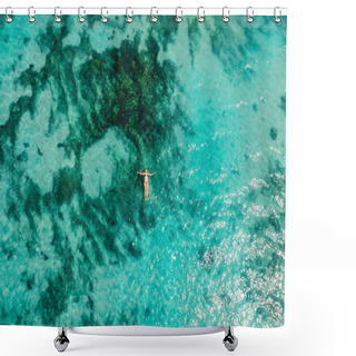Personality  Turquoise Ocean Water And Relaxed Swimming Woman, Aerial Drone Shot. Top View Shower Curtains