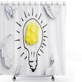 Personality  Top View Of Light Bulb With Crumpled Papers On White Background Shower Curtains