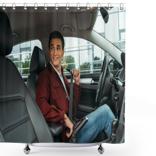 Personality  Smiling Man Holding Safety Belt In Car And Looking Away Shower Curtains