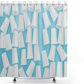 Personality  Top View Of White And Plastic Cups On Blue Background  Shower Curtains