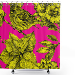 Personality  Seamless Pattern With Different Flowers, Birds And Plants Drawn By Hand With Black Ink Shower Curtains