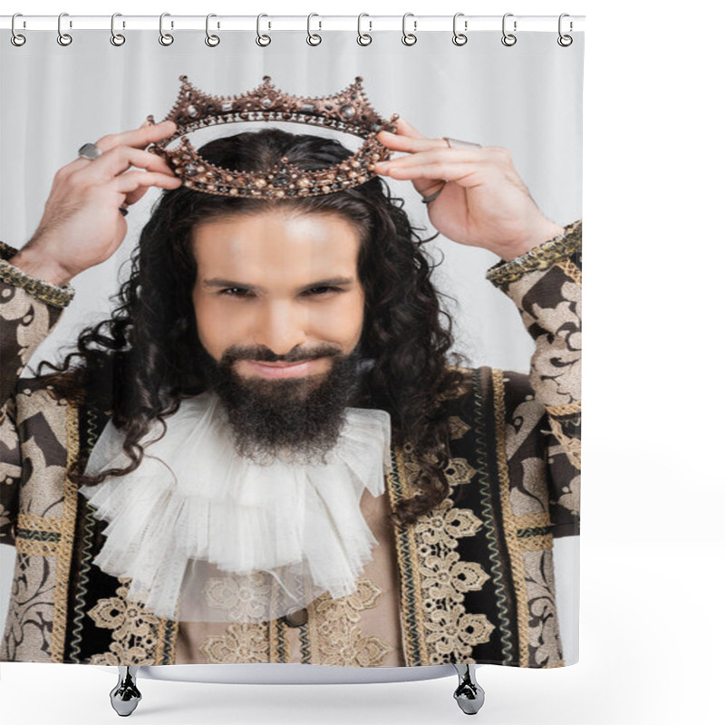 Personality  hispanic king in medieval clothing wearing golden crown isolated on white shower curtains