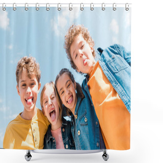 Personality  Low Angle View Of Four Kids Showing Tongues Under Sky Shower Curtains