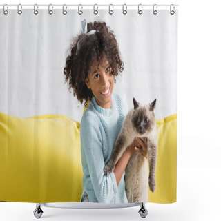 Personality  Happy Curly Girl Holding Siamese Cat And Sitting On Sofa At Home Shower Curtains