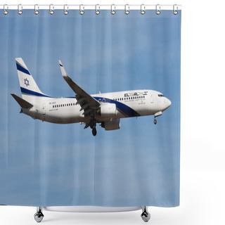 Personality  EL AL Israel Airlines Boeing 737-800 4X-EKT Passenger Plane Landing At Frankfurt Airport Shower Curtains