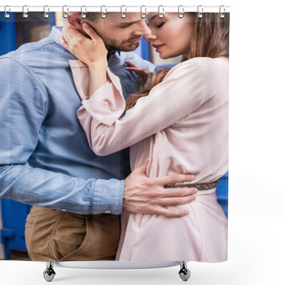 Personality  Young Couple Embracing And Kissing With Closed Eyes On Street Shower Curtains