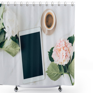 Personality  Top View Of Hortensia Flowers, Coffee And Digital Tablet With Blank Screen On Marble Surface Shower Curtains