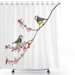 Personality  Two Blue Tits Whistling On A Flowering Branch, Cyanistes Caerule Shower Curtains