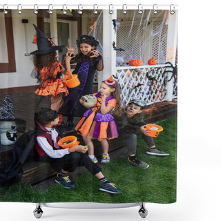 Personality  Asian Boys Sitting With Halloween Buckets Near Girls In Witch Costumes Scaring Each Other Shower Curtains