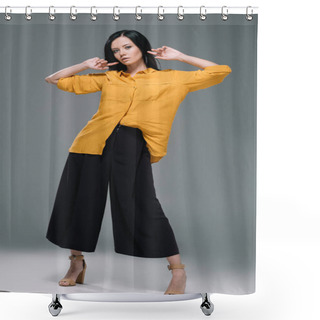 Personality  Brunette Woman In Yellow Blouse Shower Curtains