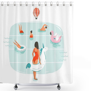 Personality  Hand Drawn Vector Abstract Cartoon Summer Time Fun Illustration With Swimming People In Swimming Pool With Hot Air Balloons Isolated On White Background. Shower Curtains