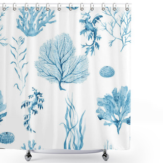 Personality  Beautiful Vector Seamless Underwater Pattern With Watercolor Sea Life Coral Shell And Starfish. Stock Illustration. Shower Curtains
