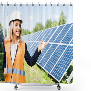 Personality  Attractive Businesswoman In Hardhat Holding Digital Tablet And Pointing With Hand  Shower Curtains