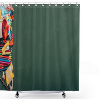 Personality  Top View Of Ripe Apple And School Stationery On Green Chalkboard, Horizontal Image Shower Curtains