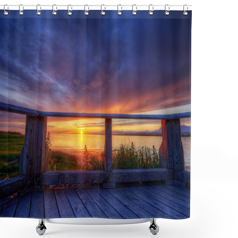 Personality  Deck, Logs, And Sunset. Shower Curtains