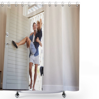 Personality  Man Carries Woman Over Threshold Of Honeymoon Rental Shower Curtains