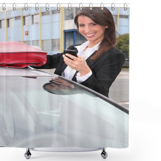 Personality  Woman With A Phone By Her Car Shower Curtains