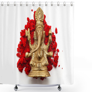 Personality  The Brass Idol Of The Hindu God Ganesha Is Placed Over A Red-colored Sindoor (vermilion) Isolated On A White Background. Top View Shower Curtains