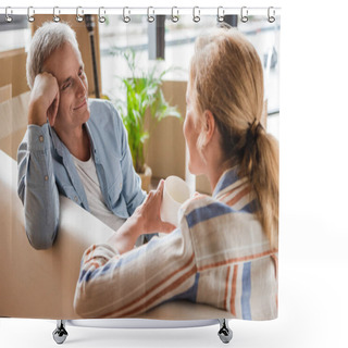 Personality  Happy Senior Couple Sitting On Couch And Smiling Each Other While Relocating In New House Shower Curtains