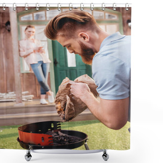 Personality  Young Couple At Barbecue  Shower Curtains