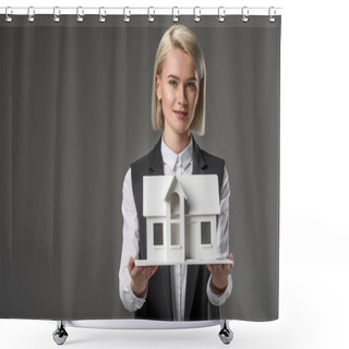 Personality  Portrait Of Young Real Estate Agent With House Model Isolated On Grey Shower Curtains