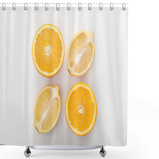 Personality  Top View Of Orange And Lemon Halves On White Background Shower Curtains