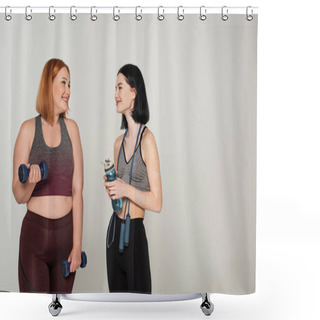 Personality  Smiling Body Positive Sportswomen Holding Jump Ropes And Sports Bottles Isolated On Grey  Shower Curtains
