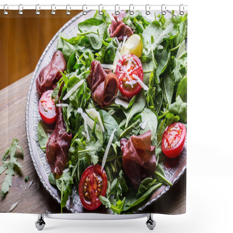 Personality  Dried Beef Bresaola. Salad Bresaola Arugula Baby Spinach Tomatoes Lime And Cheese Parmesan Shower Curtains