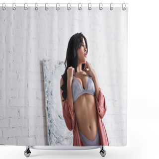 Personality  Young Seductive Woman In Bra And Silk Robe Near Painting On Wall Shower Curtains