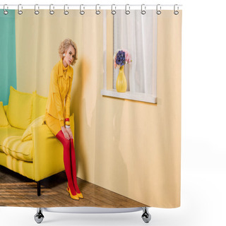 Personality  Pensive Woman In Retro Clothing Sitting On Yellow Sofa At Colorful Apartment, Doll House Concept Shower Curtains