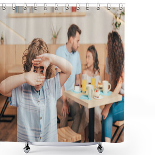 Personality  Boy In Cafe Making Frame Of Hands Shower Curtains