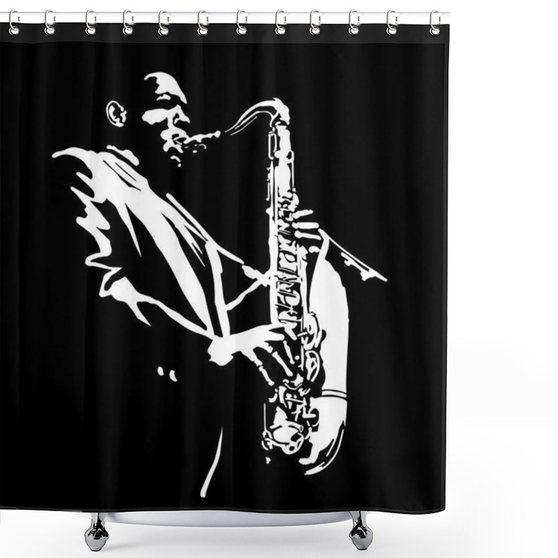 Personality  JAZZ  man playing the trumpet, music vintage illustration, engraved retro style shower curtains