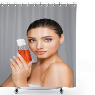 Personality  Beautiful Woman With Bottle Of Lotion Isolated On Grey Shower Curtains