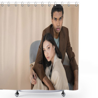 Personality  African American Man In Brown Blazer Embracing Brunette Asian Woman And Looking At Camera Isolated On Beige Shower Curtains