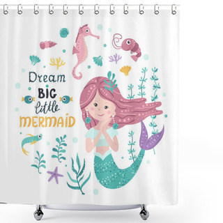 Personality  Poster With Mermaid, Sea Animals And Lettering Shower Curtains