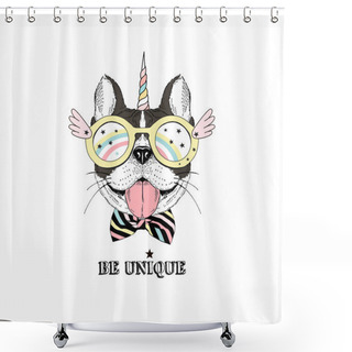 Personality  French Bulldog Puppy In Colored Unicorn Accessories. Vector Illustration. Shower Curtains