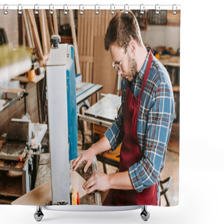 Personality  Selective Focus Of Bearded Carpenter In Safety Glasses And Apron Using Cnc Machine  Shower Curtains