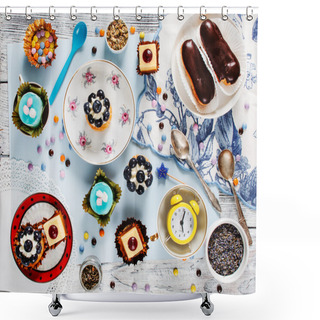 Personality  Tasty Cakes And Clock Shower Curtains