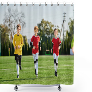 Personality  A Lively Group Of Young Boys, Dressed In Soccer Attire, Dash Across A Well-maintained Green Soccer Field With Determination And Excitement. Shower Curtains