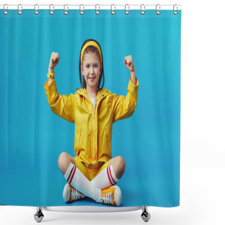 Personality  Girl Raises Hands And Shows Muscles Dressed In Yellow Raincoat And Headband Shower Curtains