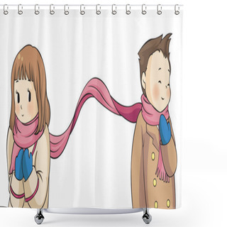 Personality  Far Away But Not Apart In White Background. Cute Lover Couple Attach Their Scarf In The Sign Of Love In Winter Dating In Isolated Background (cartoon Vector) Shower Curtains