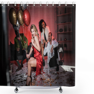 Personality  Selective Focus Of Cheerful Blonde Girl In Red Dress Holding Balloons And Champagne Glass Near Multicultural Friends  Shower Curtains
