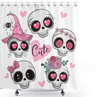 Personality  Cute Cartoon Skulls With Flowers And Hearts Shower Curtains