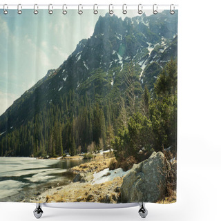 Personality  View Of Rocky Shore With Stones Against Water And Trees On Hill On Background, Morskie Oko, Sea Eye, Tatra National Park, Poland Shower Curtains
