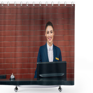 Personality  Young Beautiful Hotel Receptionist At Workplace Looking At Camera Shower Curtains