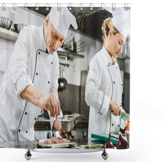 Personality  Focused Male And Female Chefs In Uniform Preparing Food In Restaurant Kitchen Shower Curtains